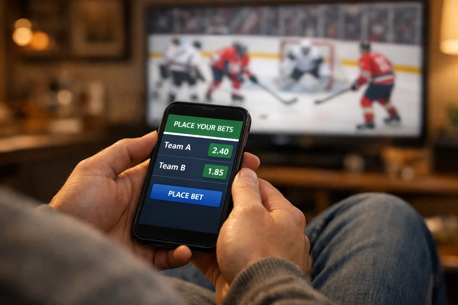 Person placing sports bet on smartphone while watching hockey game