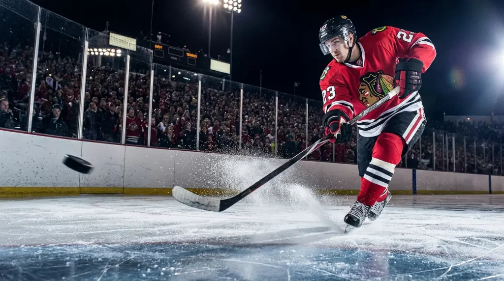 Ice hockey player taking a powerful slapshot on goal during an NHL game