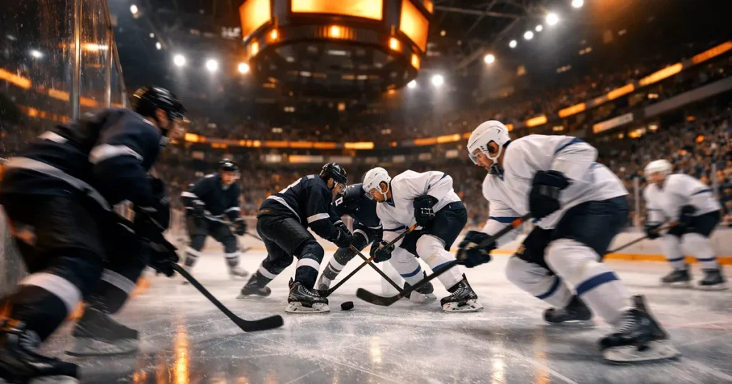 Ice hockey arena during a live NHL game with players on the rink