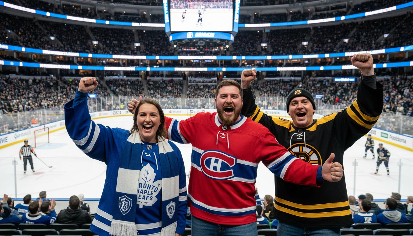 Fans watching NHL hockey game in arena with excitement