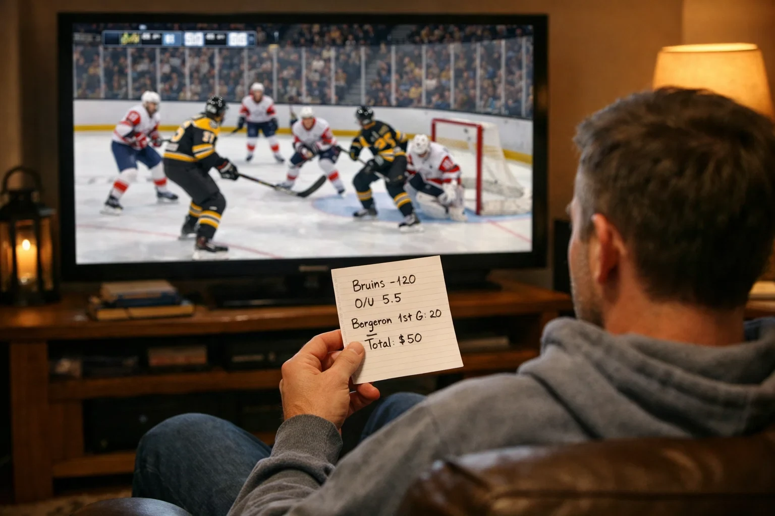 Sports fan analyzing hockey match on screen with betting slip