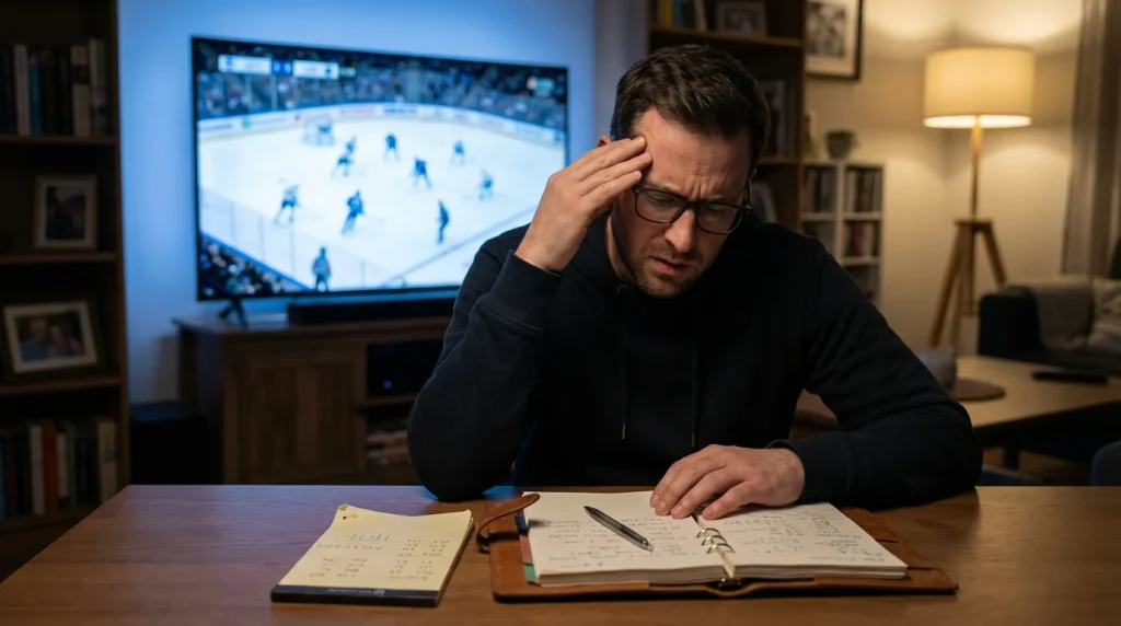 Frustrated sports fan watching a hockey game on TV with a notepad and pen on the table