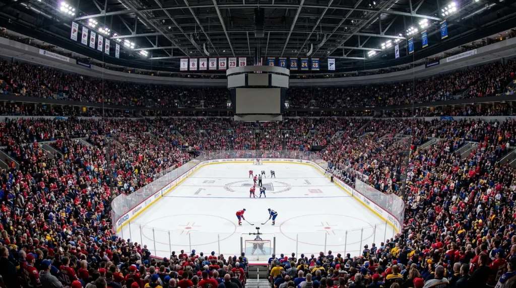 Wide view of a packed NHL arena with two teams facing off at center ice under bright lights