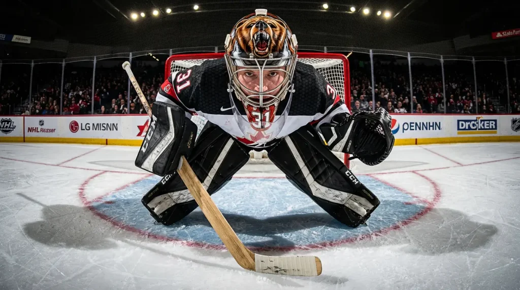 NHL goaltender crouched in the crease ready to face a shot