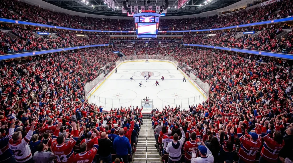 Packed hockey arena with fans cheering during an NHL home game