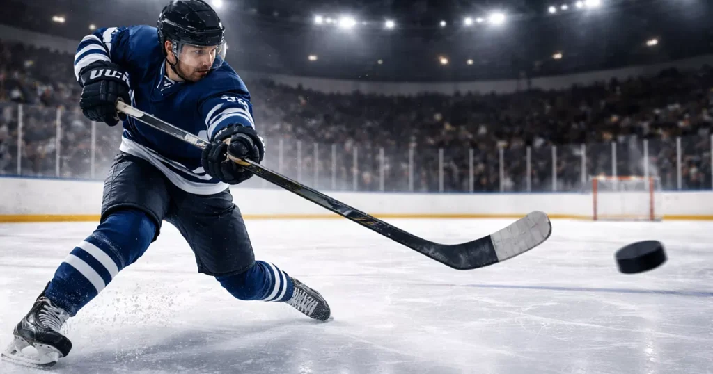 Hockey player taking a powerful shot on goal during an NHL game under bright arena lights
