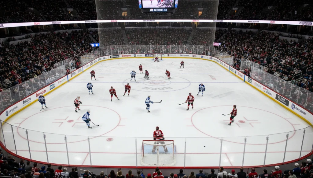 NHL hockey arena during an intense game with players on ice and crowd watching