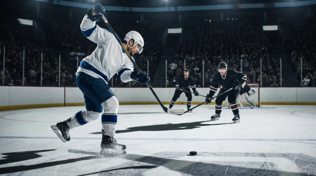 NHL forward shooting the puck on goal during a power play