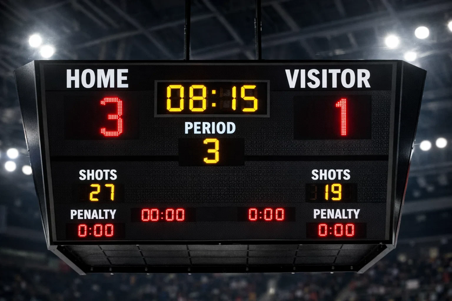 Hockey game scoreboard showing final score with two-goal margin