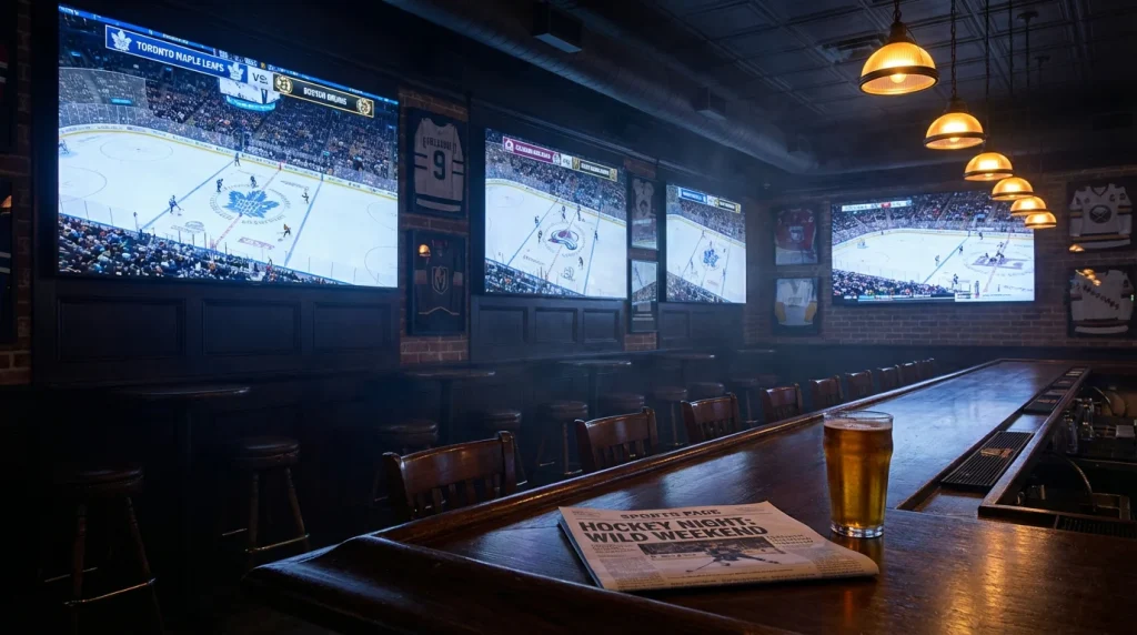 Wide view of an NHL scoreboard showing multiple game scores on game night