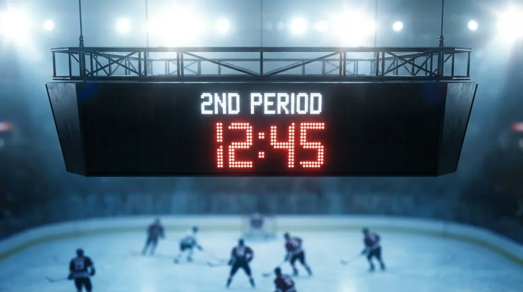 Close-up of a hockey game clock showing the period and time remaining