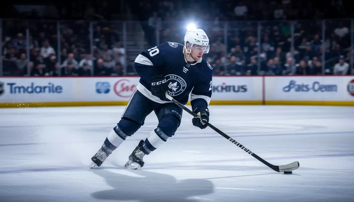 Ice hockey player skating at high speed with puck during NHL game