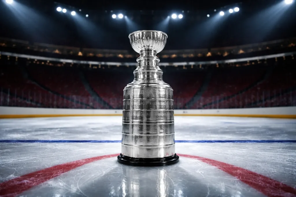 NHL Stanley Cup trophy on ice rink with arena lights