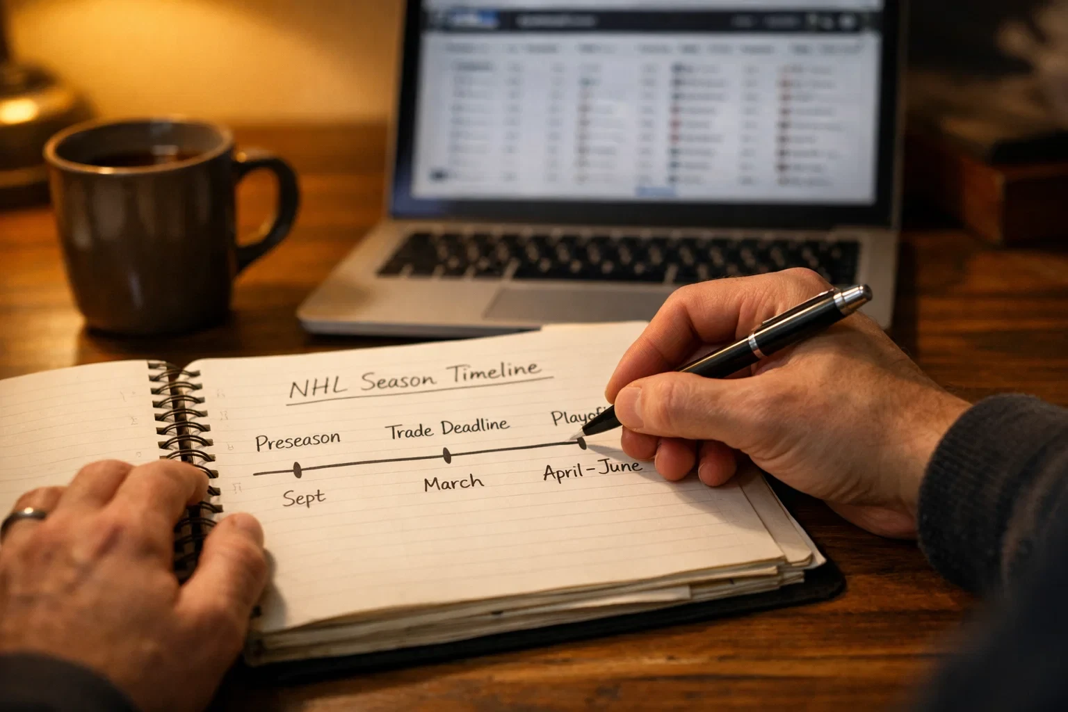 Person analyzing NHL season schedule with notebook and pen