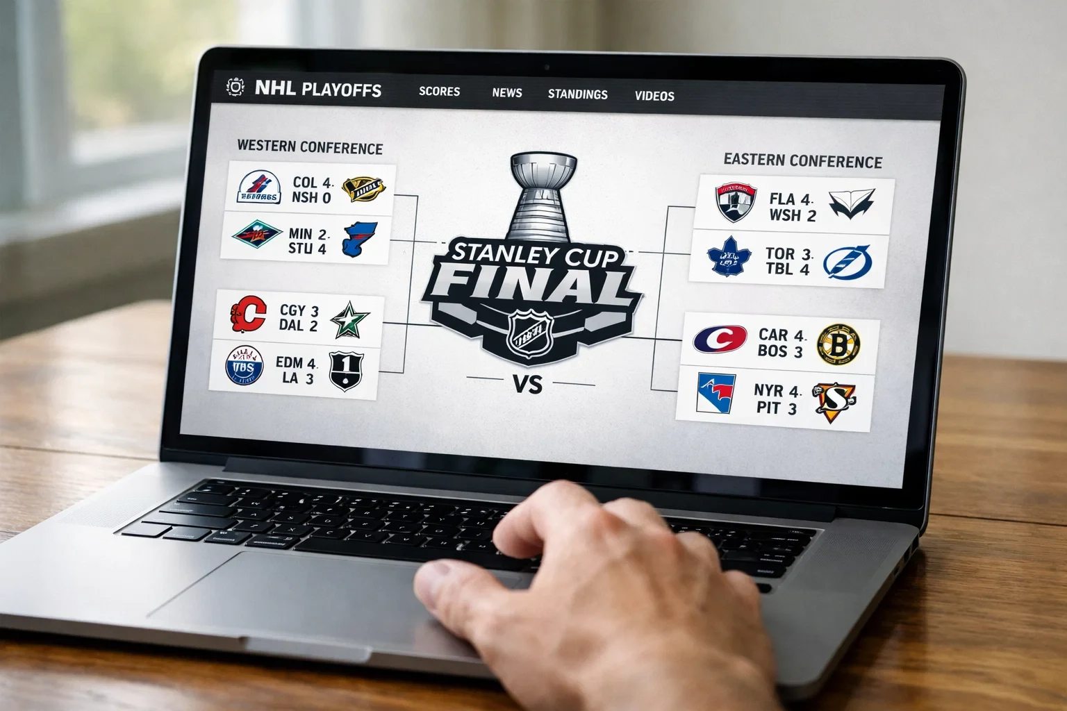 Hockey playoff bracket displayed on laptop screen