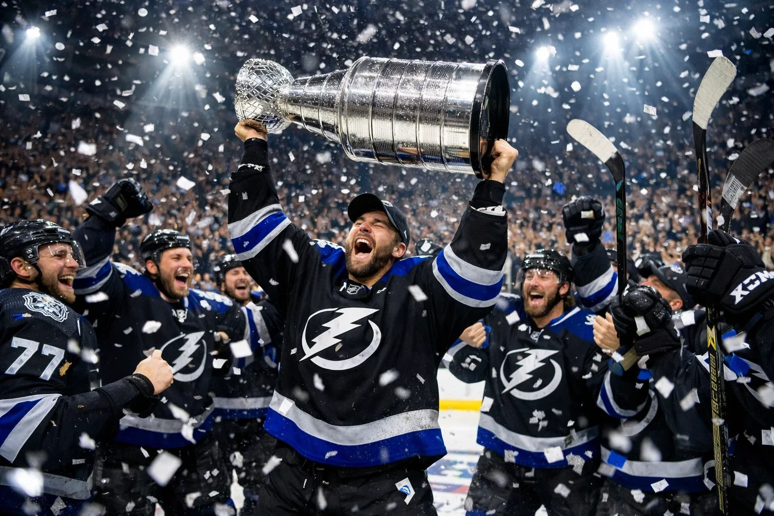 Hockey team celebrating championship victory lifting trophy