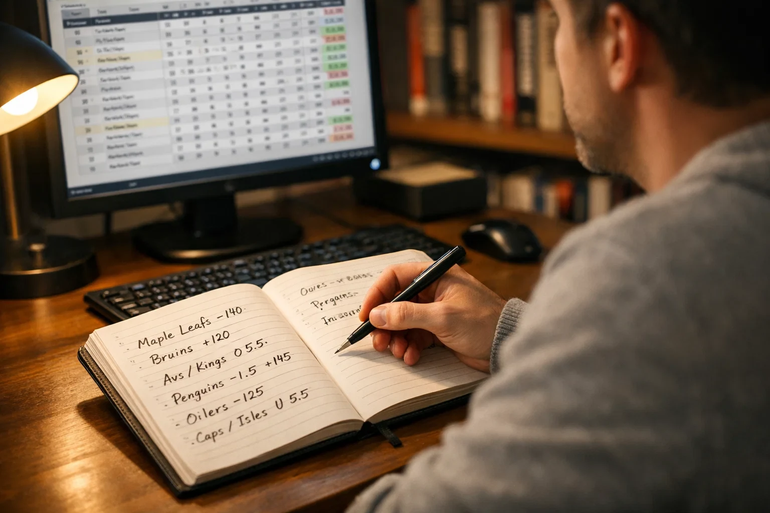 Bettor reviewing sports betting strategy notes at desk