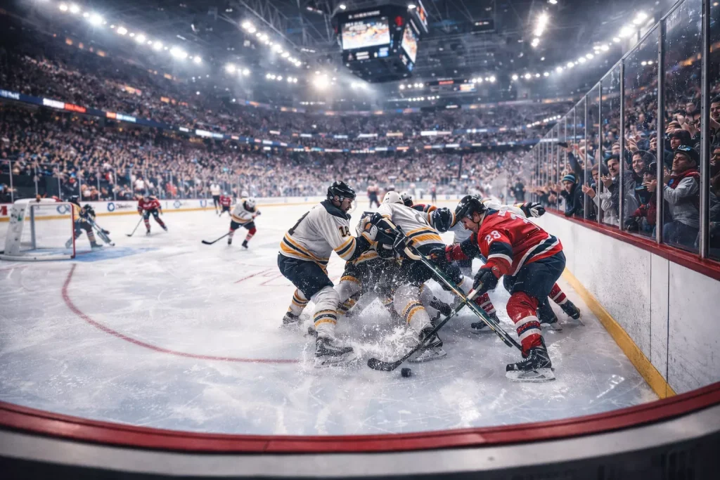 Ice hockey game in progress with fans watching in arena