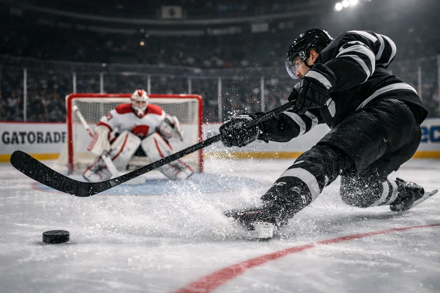 Hockey referee signaling penalty call on ice