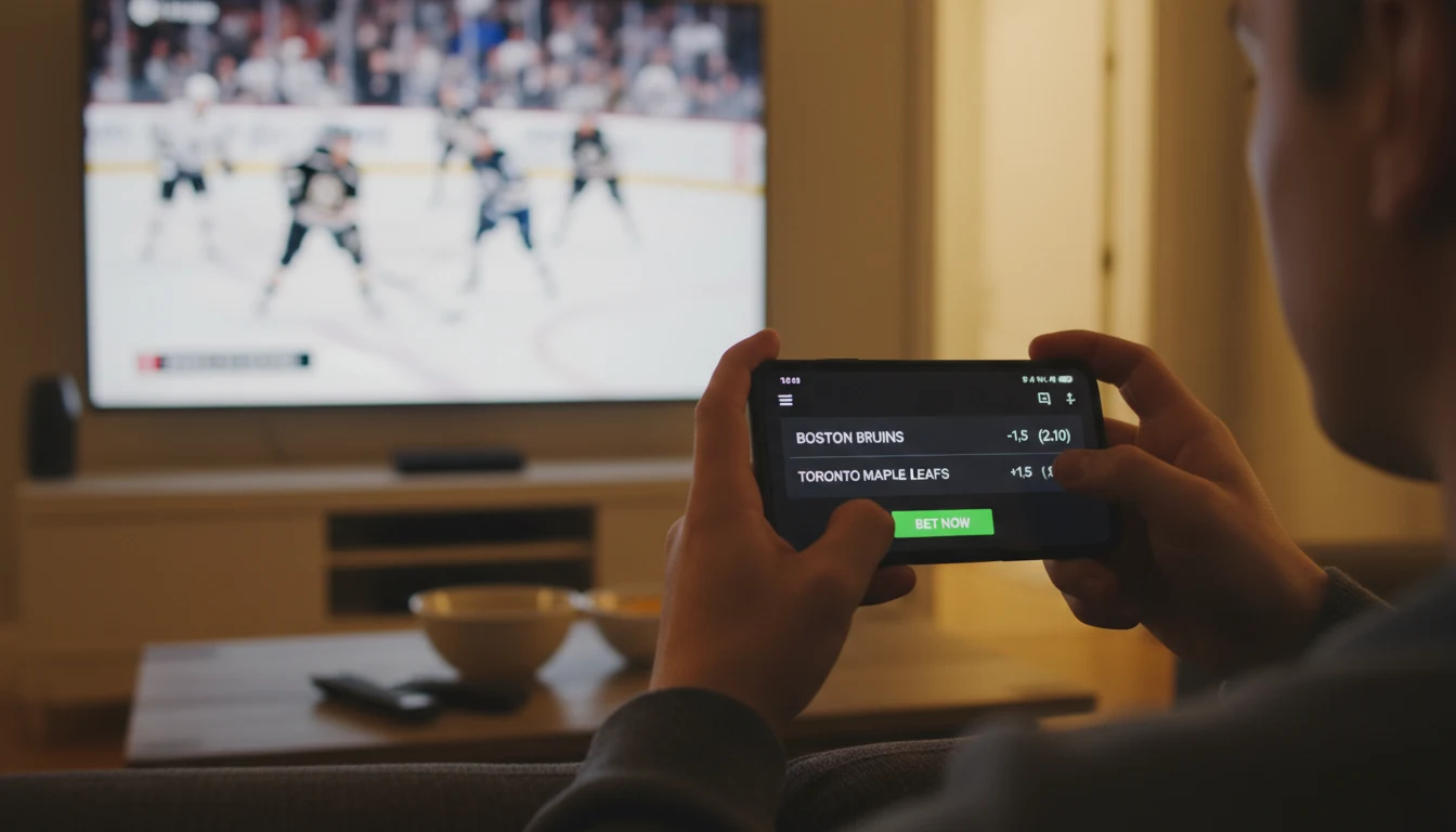 Person using smartphone app while watching hockey on TV