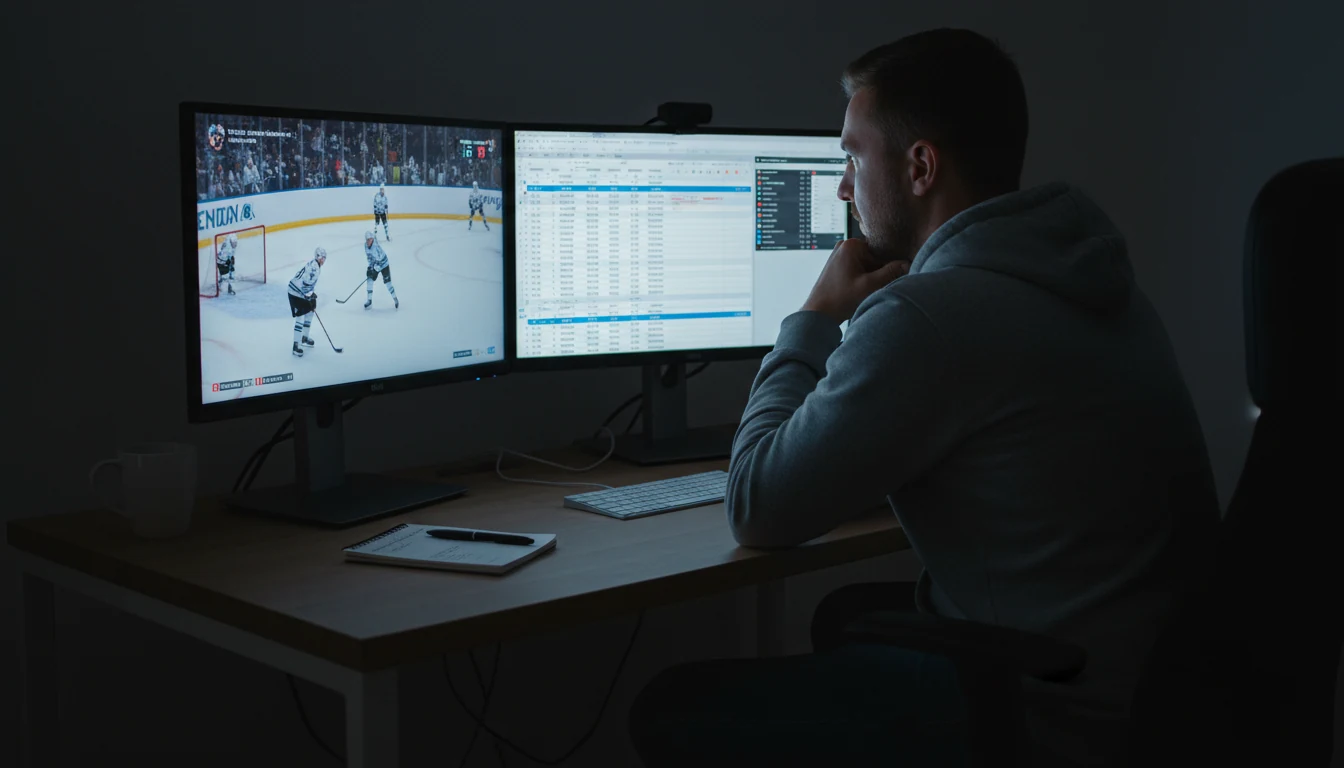 Focused person analyzing hockey game on multiple screens