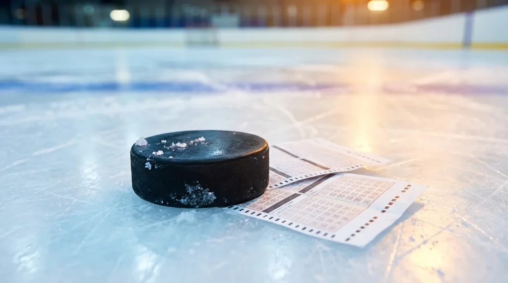 Hockey puck on ice rink with multiple betting tickets layered beside it