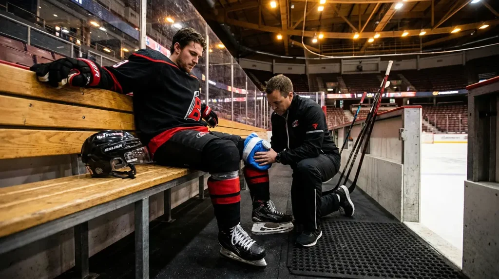 Hockey player sitting on the bench with a wrapped knee being attended to by team staff
