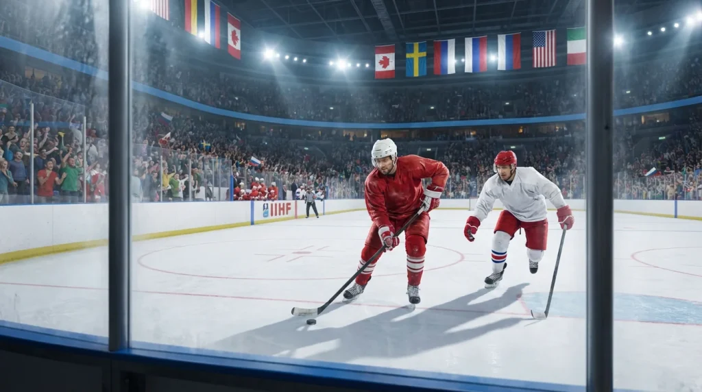 International hockey game on a wide Olympic-sized ice rink with national team players