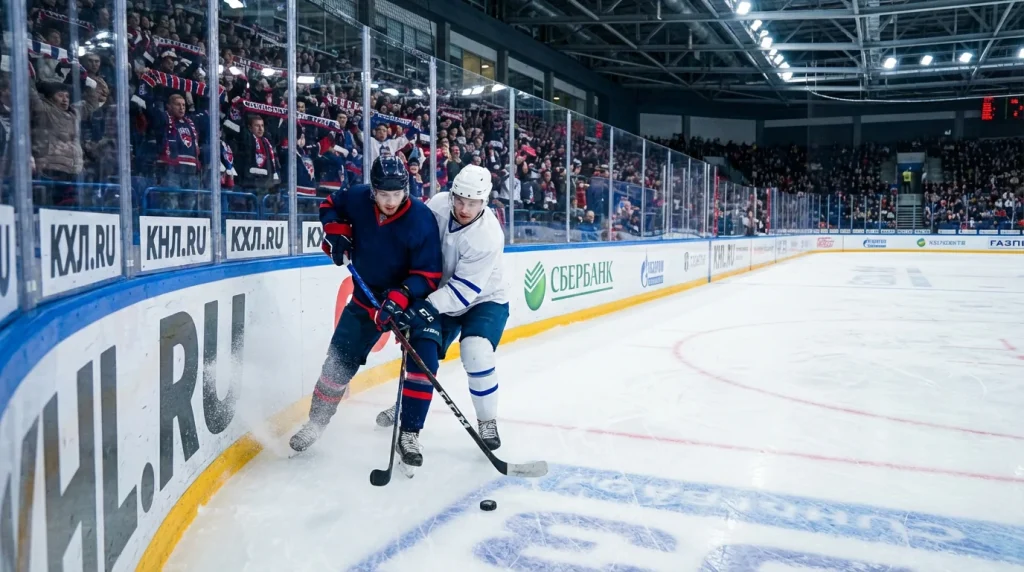 KHL hockey game in a Russian ice arena with players battling for the puck