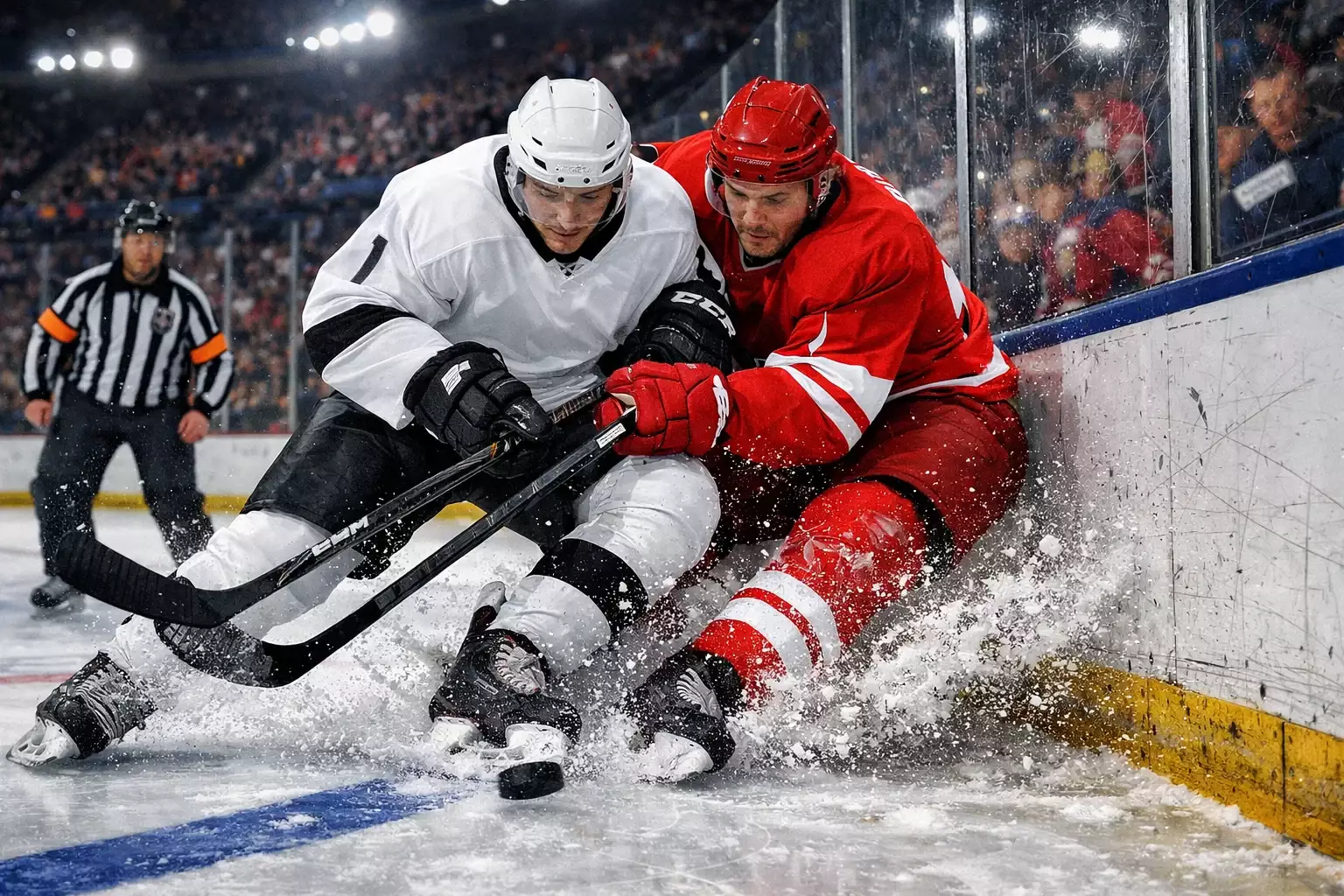 Intense ice hockey game action with players battling for puck