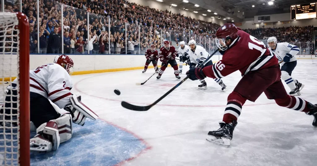 NCAA college hockey game in a packed campus arena with student fans