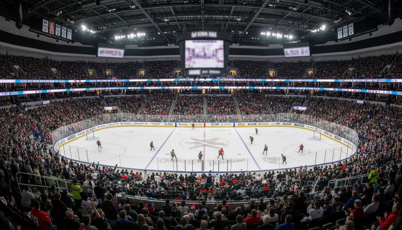 Packed NHL arena with fans watching ice hockey game
