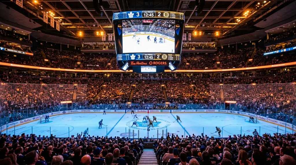 Hockey arena scoreboard displaying NHL game betting odds