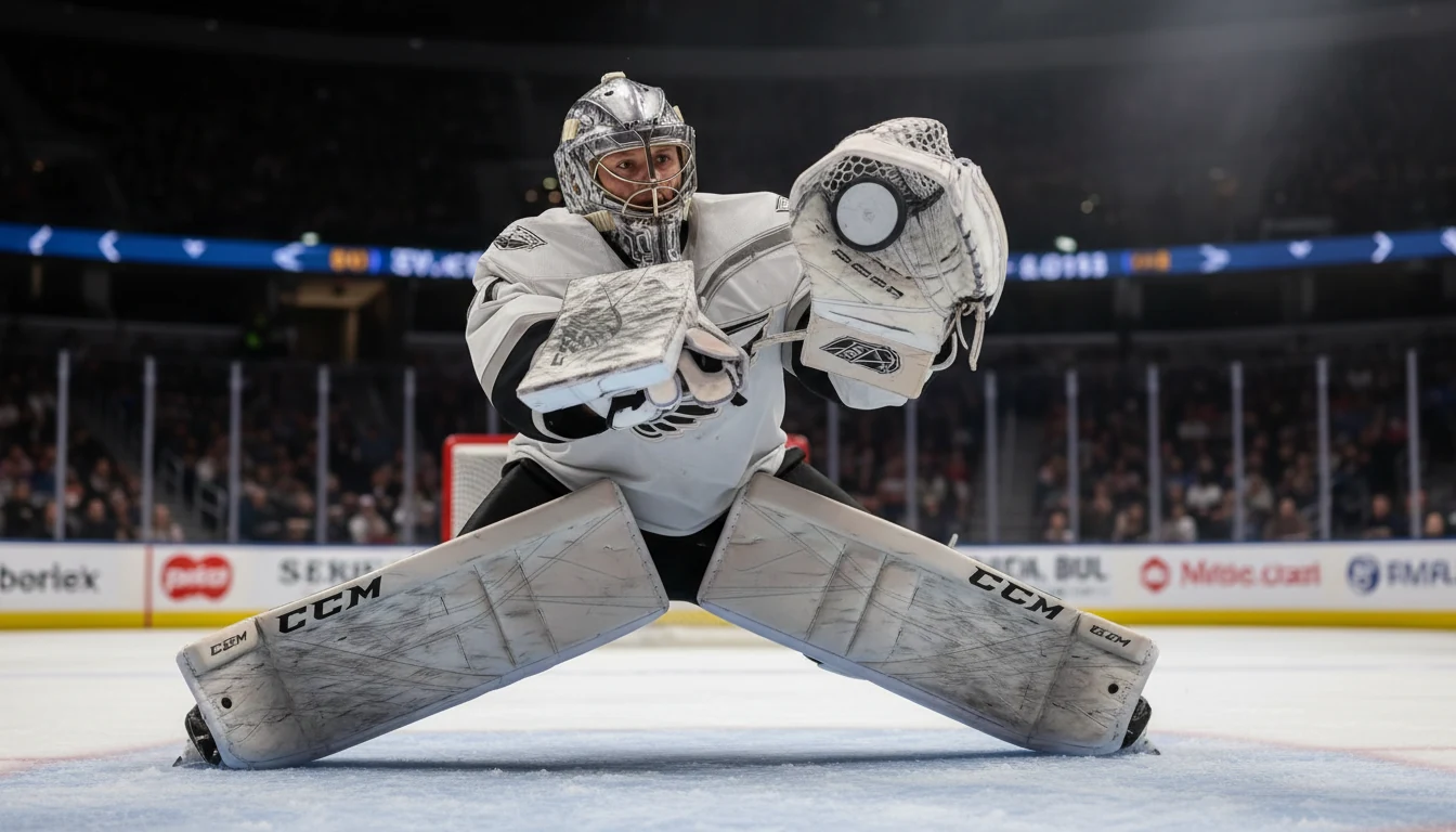 NHL goaltender making athletic save with puck visible near glove