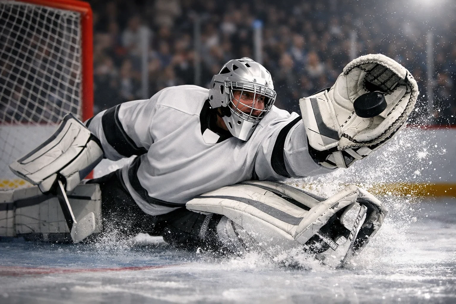 NHL goaltender in full equipment making a crucial save during game
