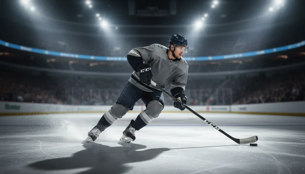 NHL hockey player skating with puck during professional game