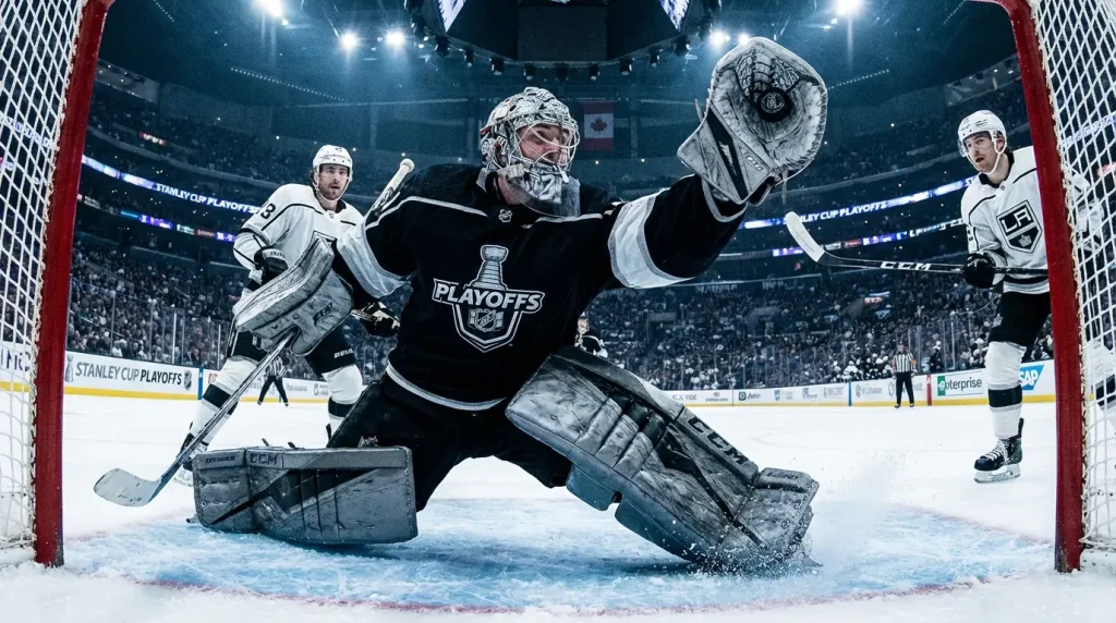 NHL playoff hockey goaltender making a diving save during a postseason game