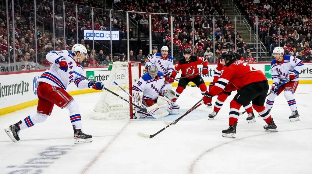 Ice hockey power play with players battling for the puck in front of the net