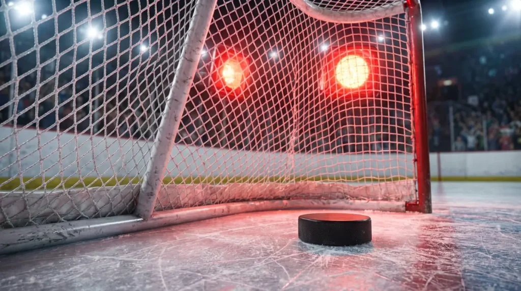 Hockey puck crossing the goal line in an NHL net with red light on