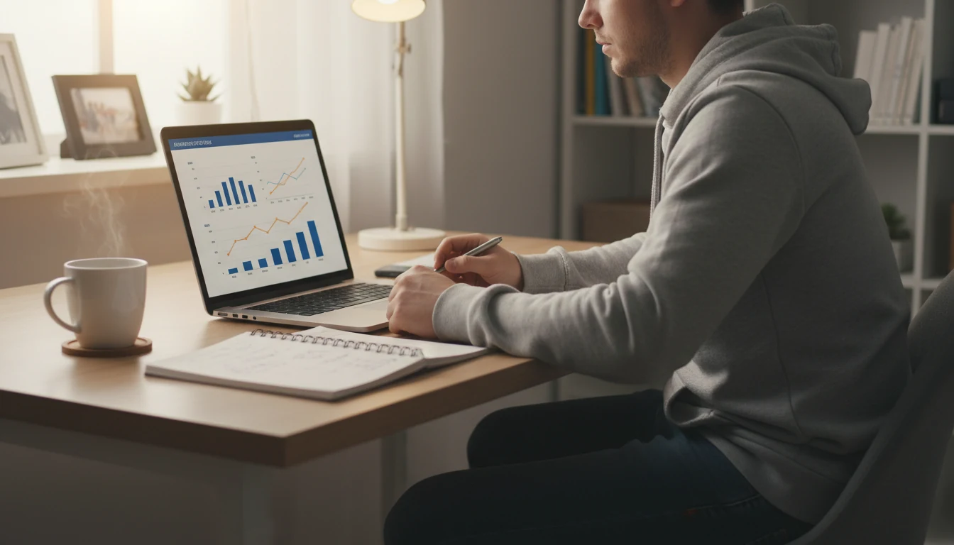 Person analyzing hockey statistics on laptop with notebook and pen