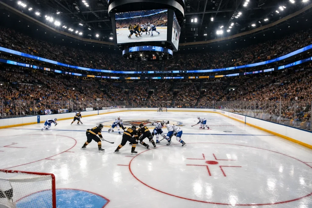 NHL hockey arena with ice rink and crowd during a professional game