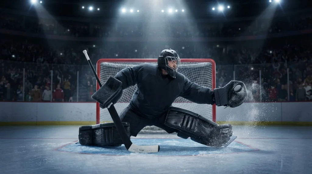 Ice hockey goaltender making a save during an intense NHL game