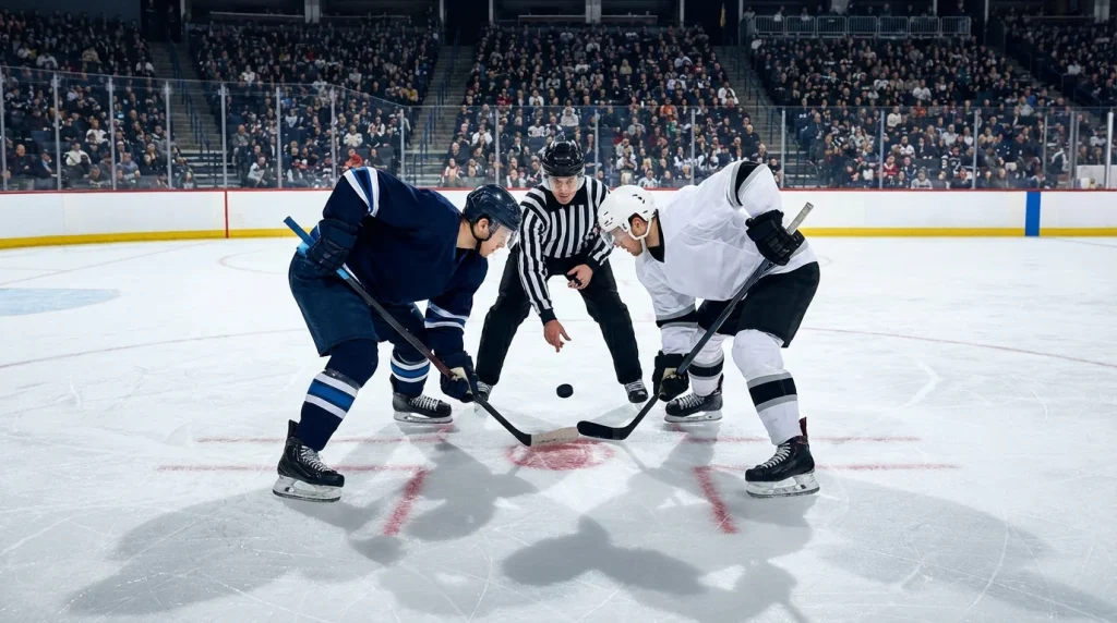 Hockey players facing off at center ice in an NHL regulation game