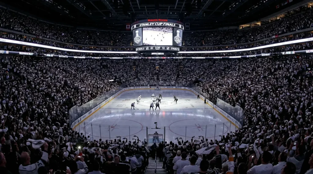 Stanley Cup Finals hockey game in a packed arena with intense crowd atmosphere