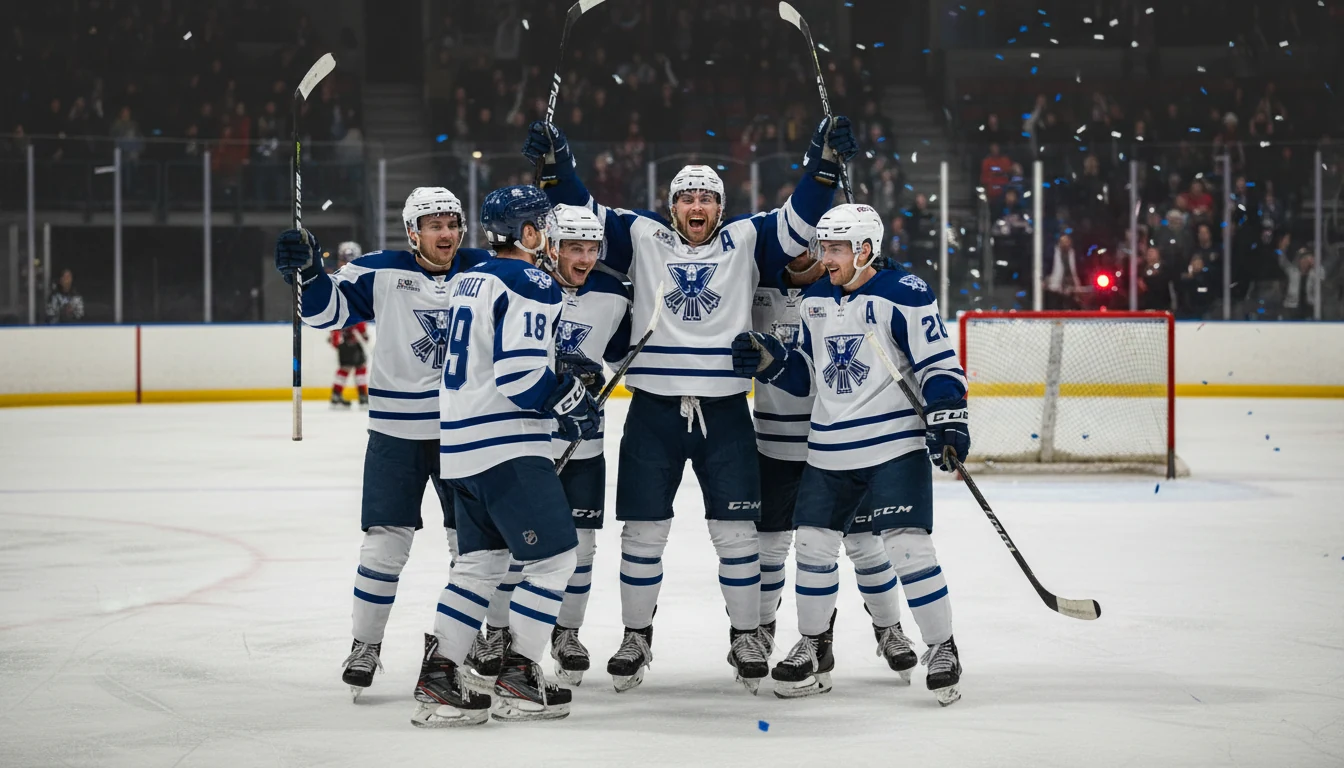 Hockey team celebrating a goal together on the ice