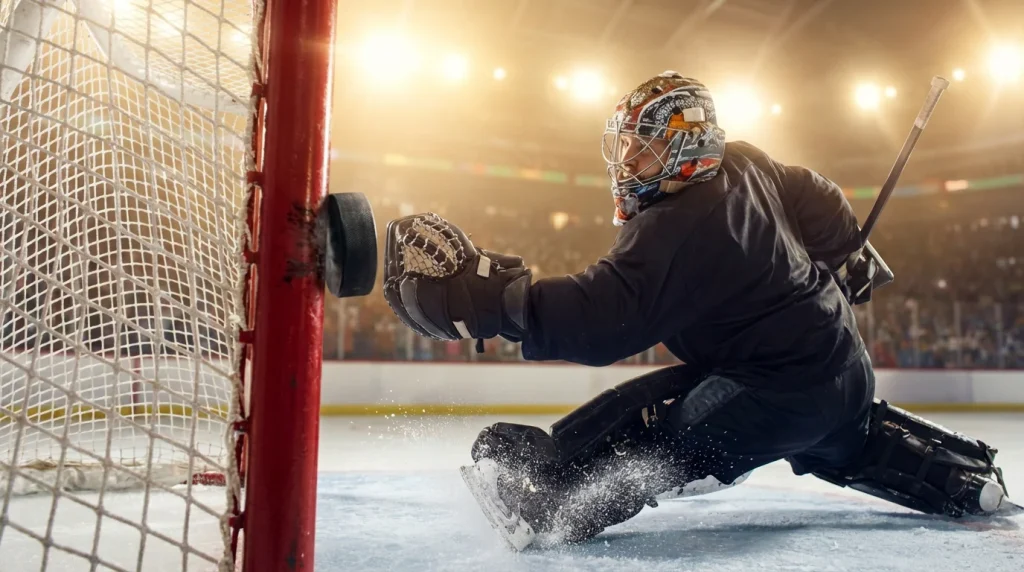 Hockey puck bouncing off the goalpost with the goaltender reaching across the crease