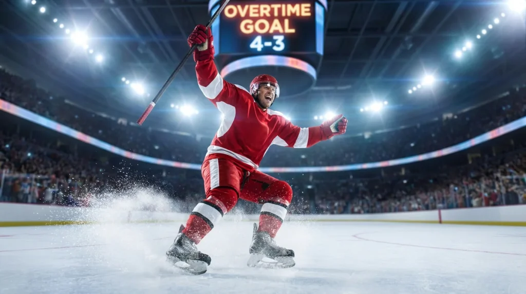 NHL player celebrating a sudden overtime goal under arena lights