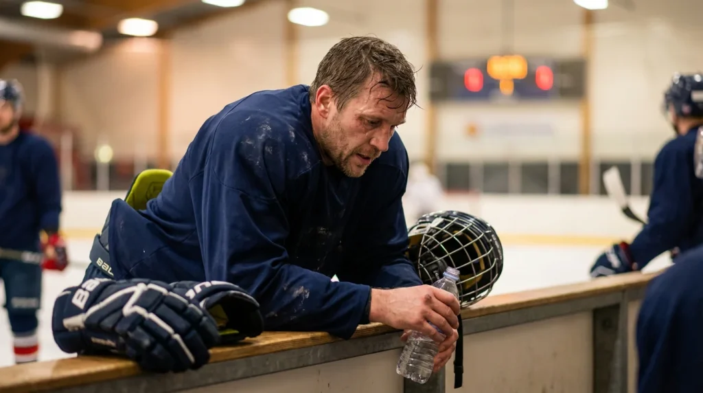 Exhausted hockey player on the bench during a back-to-back game night