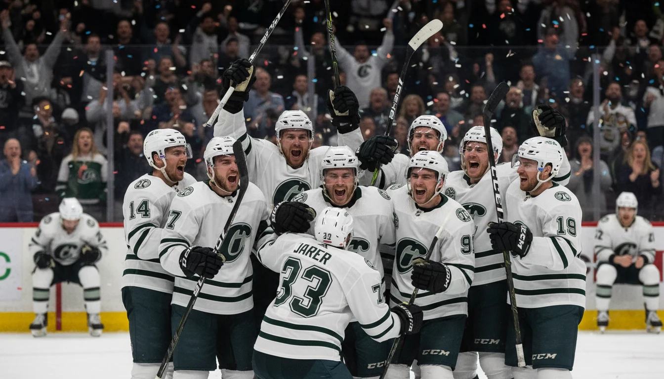 Hockey players celebrating unexpected goal as underdog team
