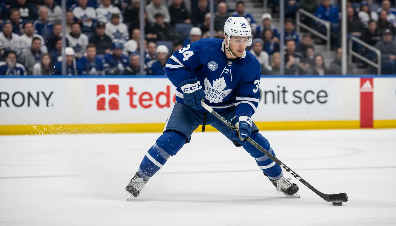 Hockey player skating with puck during NHL game showing dynamic action